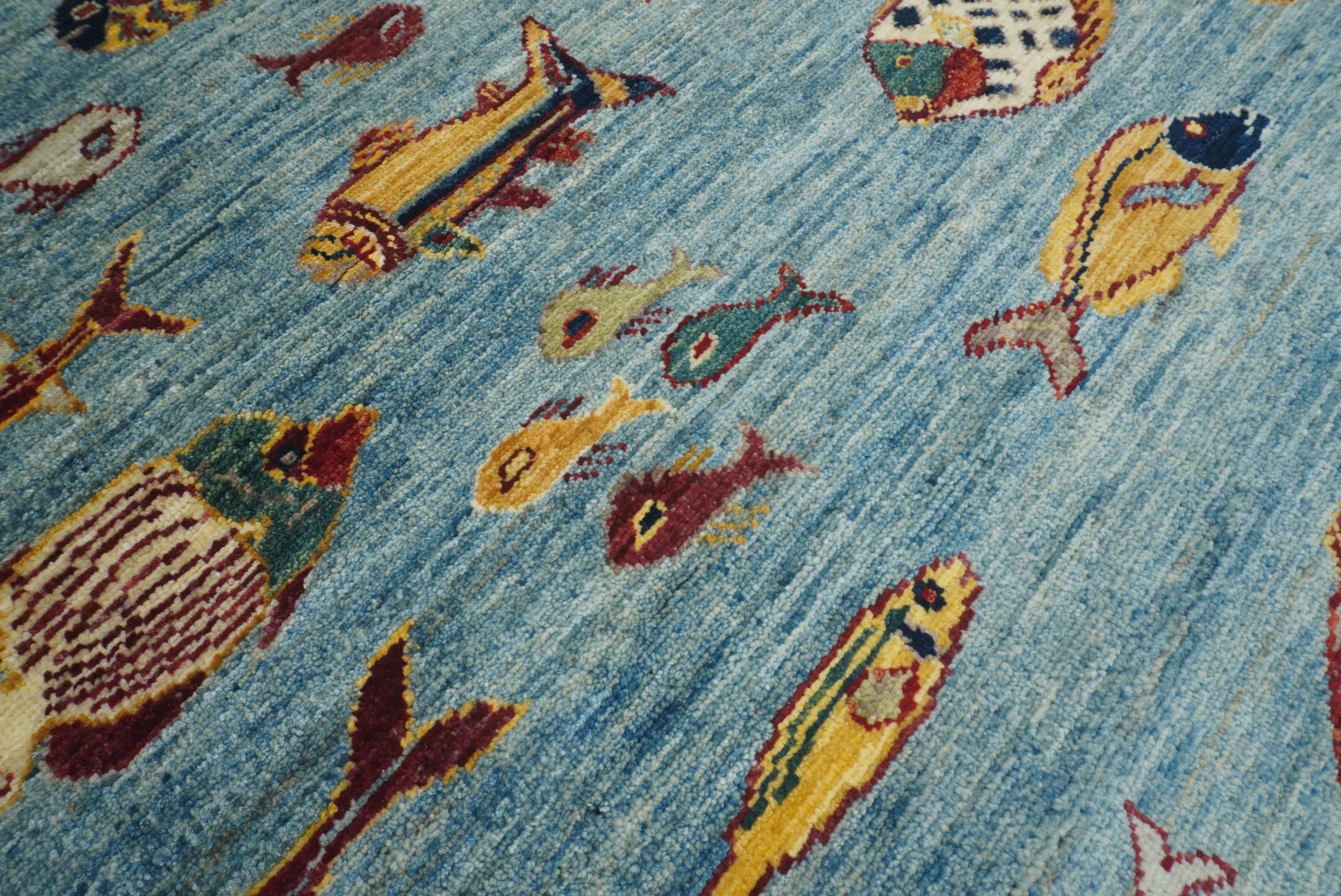 8x10 Blue Fish Gabbeh Hand-Knotted Afghan Wool Area Rug - Yildiz Rugs