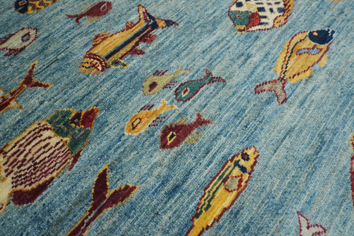 8x10 Blue Fish Gabbeh Hand-Knotted Afghan Wool Area Rug - Yildiz Rugs
