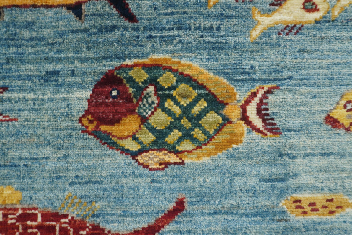 8x10 Blue Fish Gabbeh Hand-Knotted Afghan Wool Area Rug - Yildiz Rugs