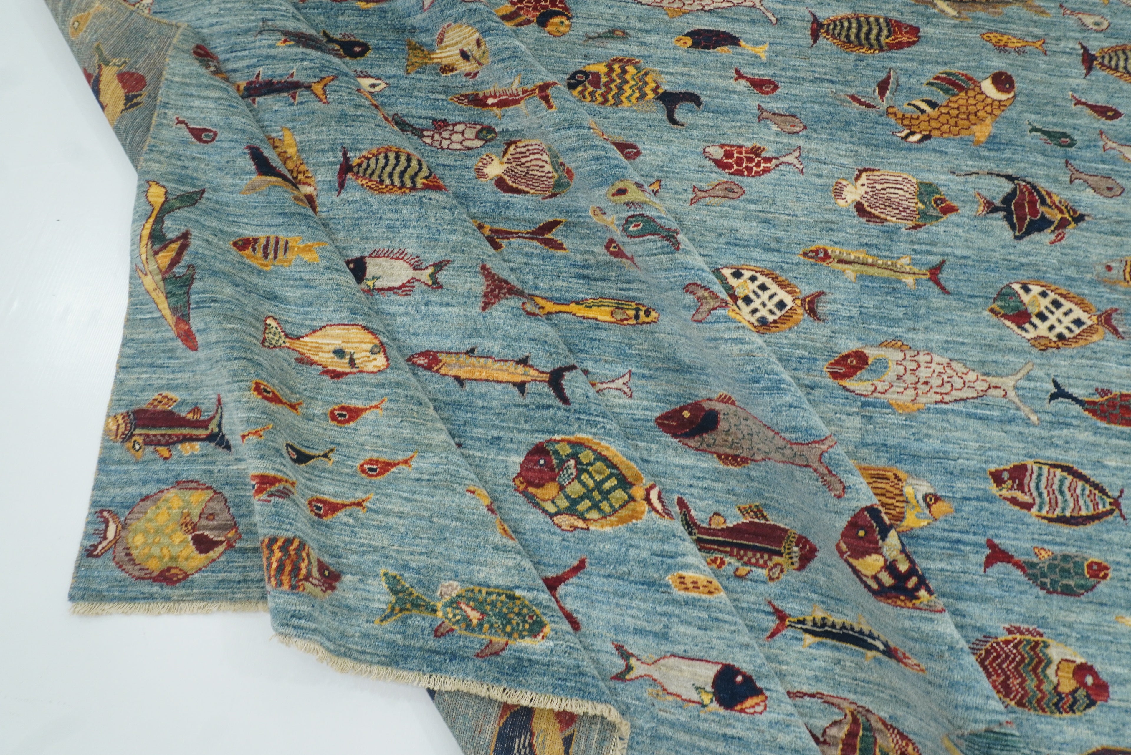8x10 Blue Fish Gabbeh Hand-Knotted Afghan Wool Area Rug - Yildiz Rugs