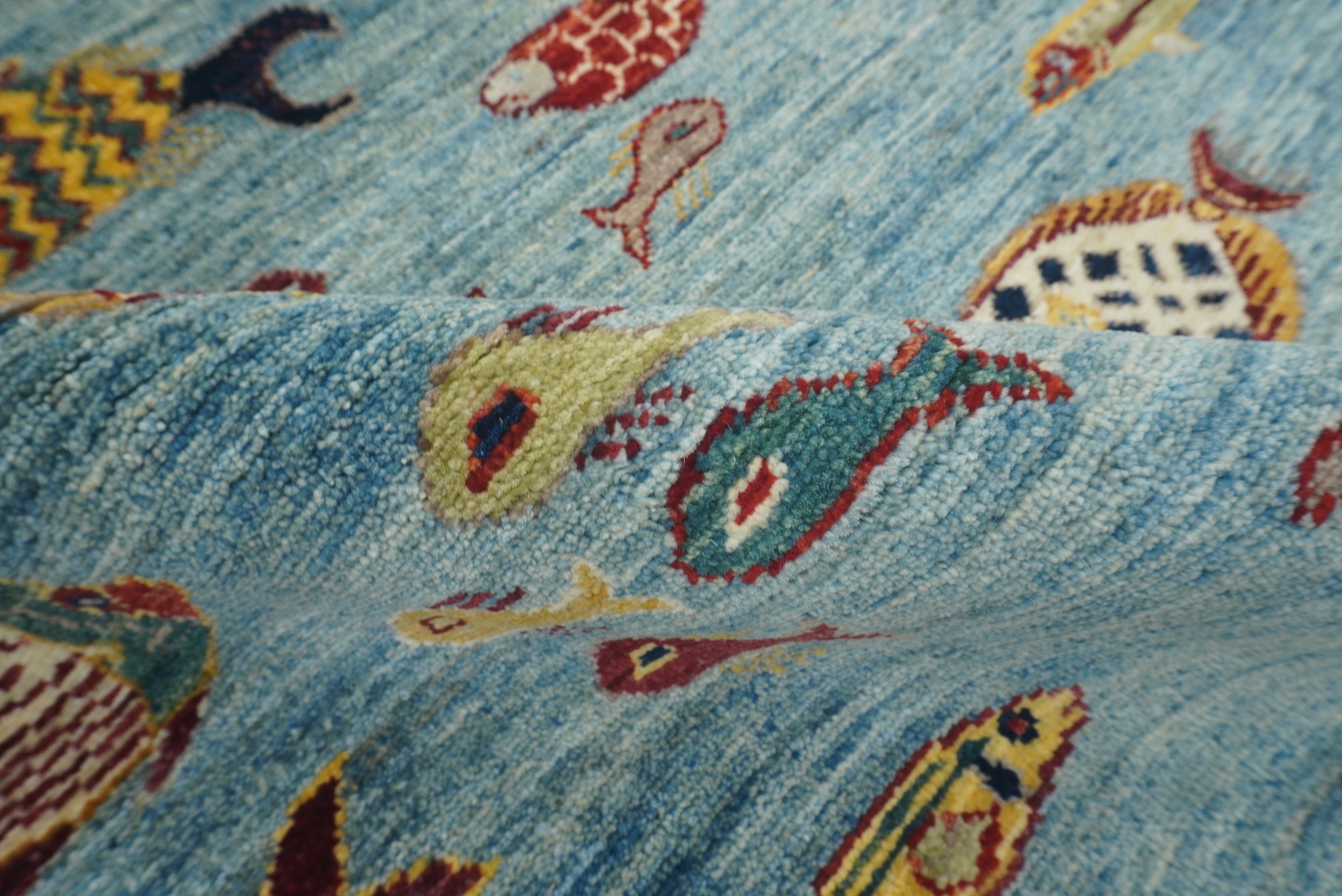 8x10 Blue Fish Gabbeh Hand-Knotted Afghan Wool Area Rug - Yildiz Rugs