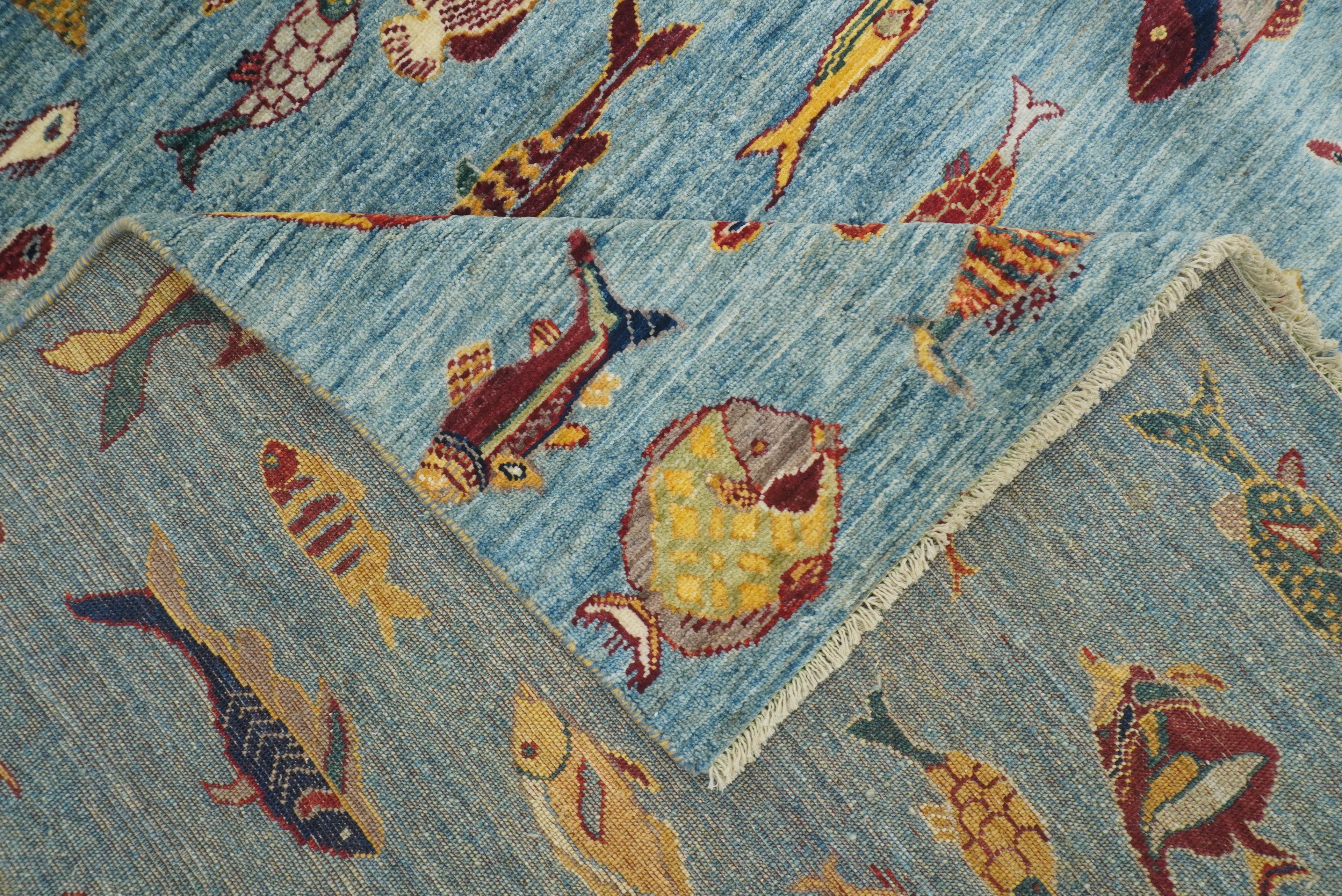 8x10 Blue Fish Gabbeh Hand-Knotted Afghan Wool Area Rug - Yildiz Rugs