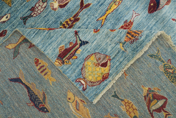 8x10 Blue Fish Gabbeh Hand-Knotted Afghan Wool Area Rug - Yildiz Rugs