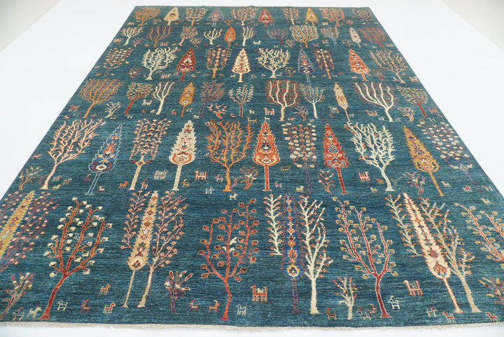 9x12 Teal Blue Gabbeh Tree of Life Afghan Hand-Knotted Wool Rug - Yildiz Rugs