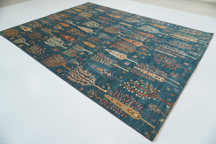 9x12 Teal Blue Gabbeh Tree of Life Afghan Hand-Knotted Wool Rug - Yildiz Rugs