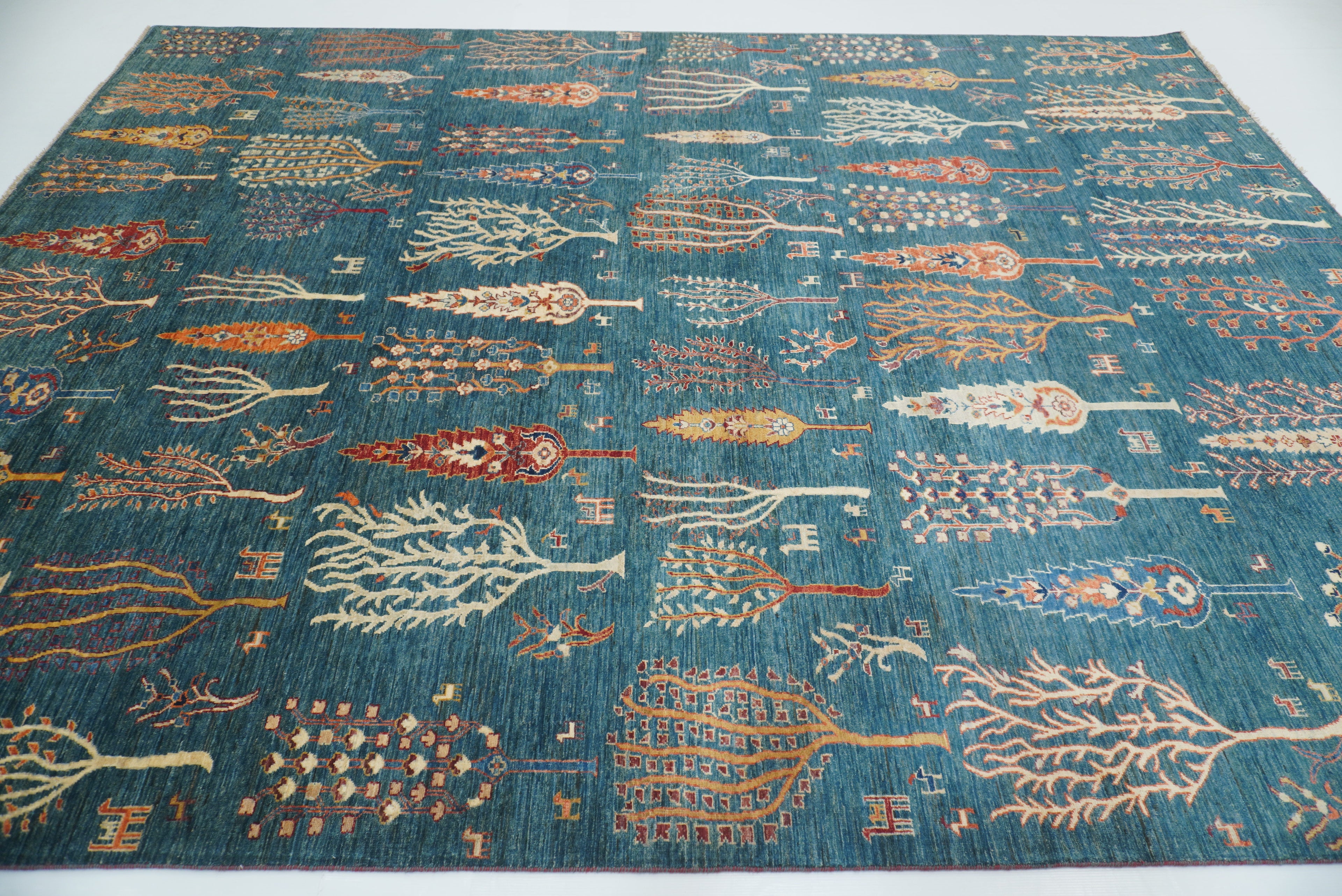 9x12 Teal Blue Gabbeh Tree of Life Afghan Hand-Knotted Wool Rug - Yildiz Rugs