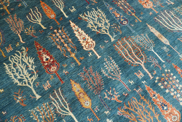 9x12 Teal Blue Gabbeh Tree of Life Afghan Hand-Knotted Wool Rug - Yildiz Rugs