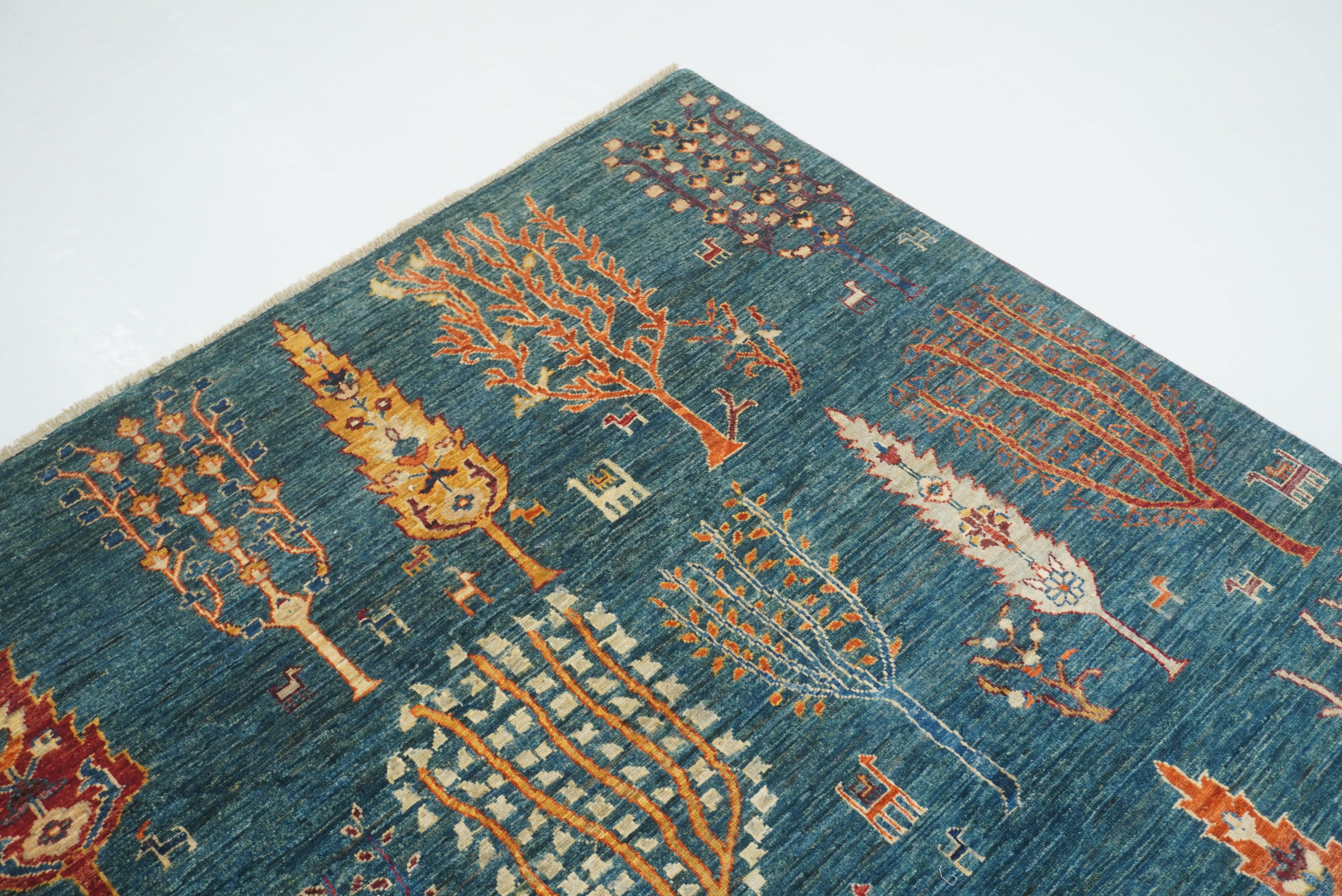 9x12 Teal Blue Gabbeh Tree of Life Afghan Hand-Knotted Wool Rug - Yildiz Rugs