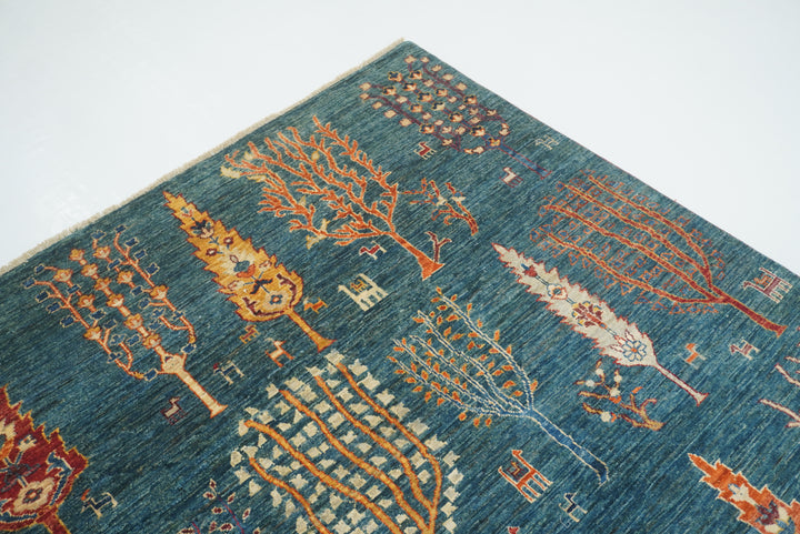 9x12 Teal Blue Gabbeh Tree of Life Afghan Hand-Knotted Wool Rug - Yildiz Rugs