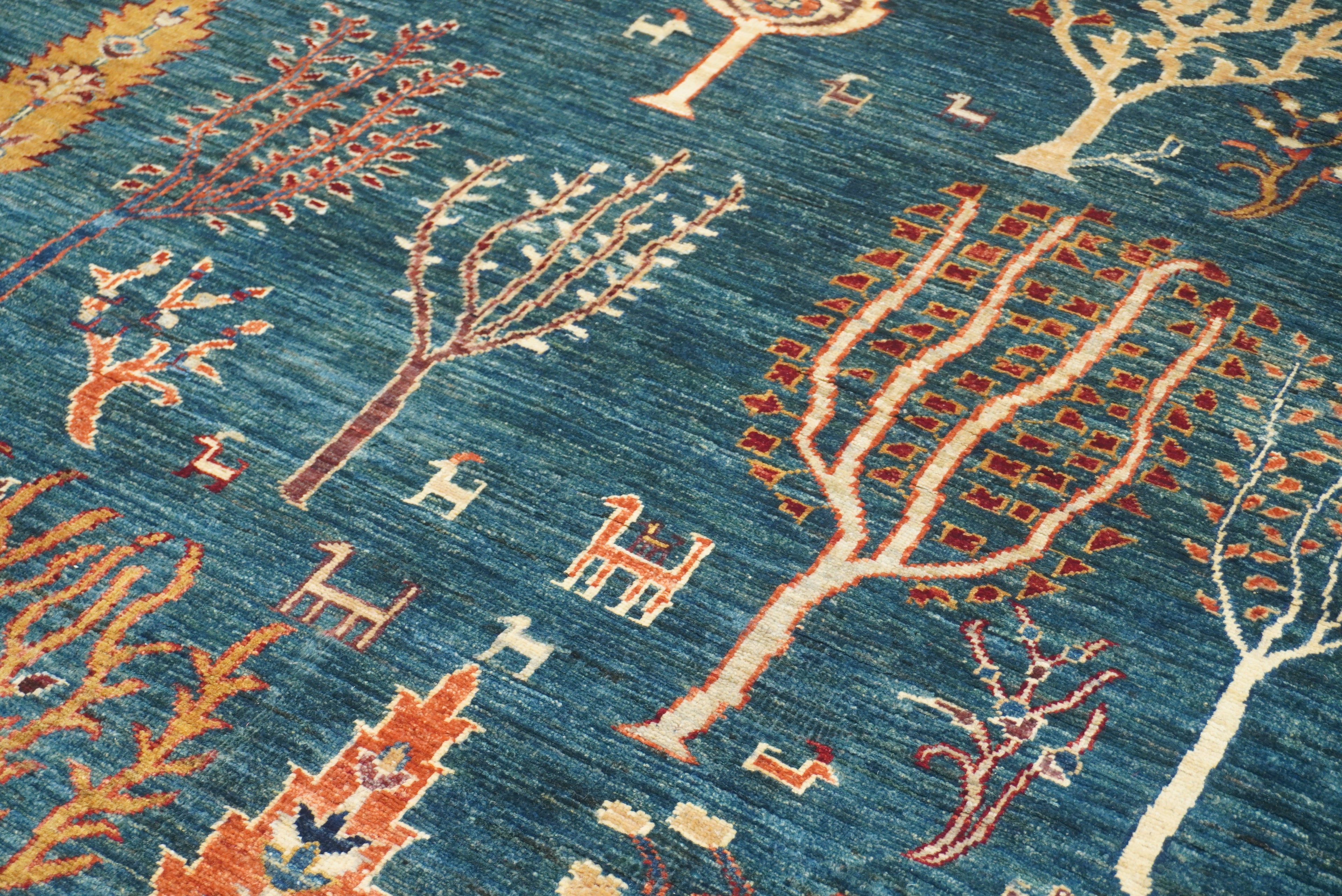 9x12 Teal Blue Gabbeh Tree of Life Afghan Hand-Knotted Wool Rug - Yildiz Rugs