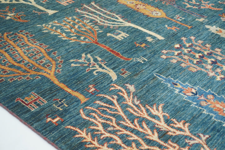 9x12 Teal Blue Gabbeh Tree of Life Afghan Hand-Knotted Wool Rug - Yildiz Rugs