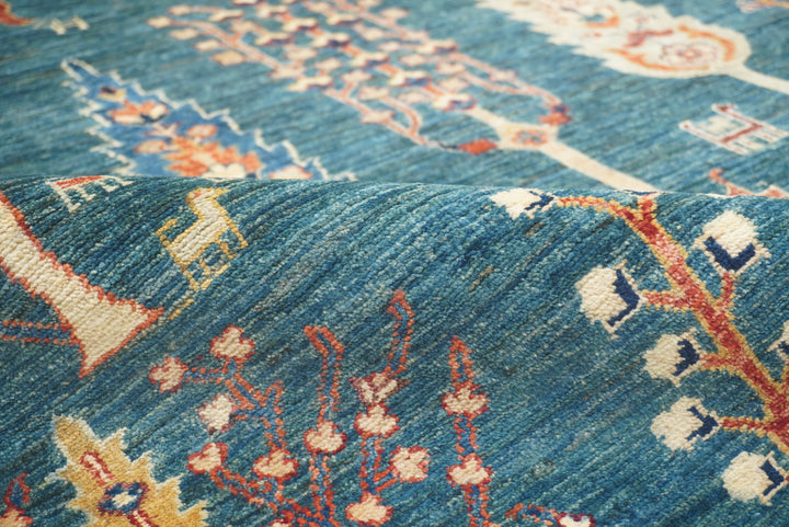 9x12 Teal Blue Gabbeh Tree of Life Afghan Hand-Knotted Wool Rug - Yildiz Rugs