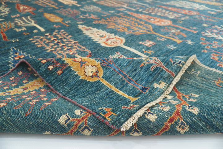 9x12 Teal Blue Gabbeh Tree of Life Afghan Hand-Knotted Wool Rug - Yildiz Rugs