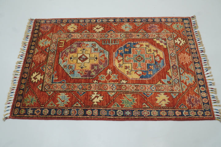 3x4 Red Ersari Hand Knotted Afghan Wool Oriental Rug - Yildiz Rugs