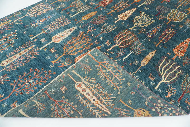 9x12 Teal Blue Gabbeh Tree of Life Afghan Hand-Knotted Wool Rug - Yildiz Rugs