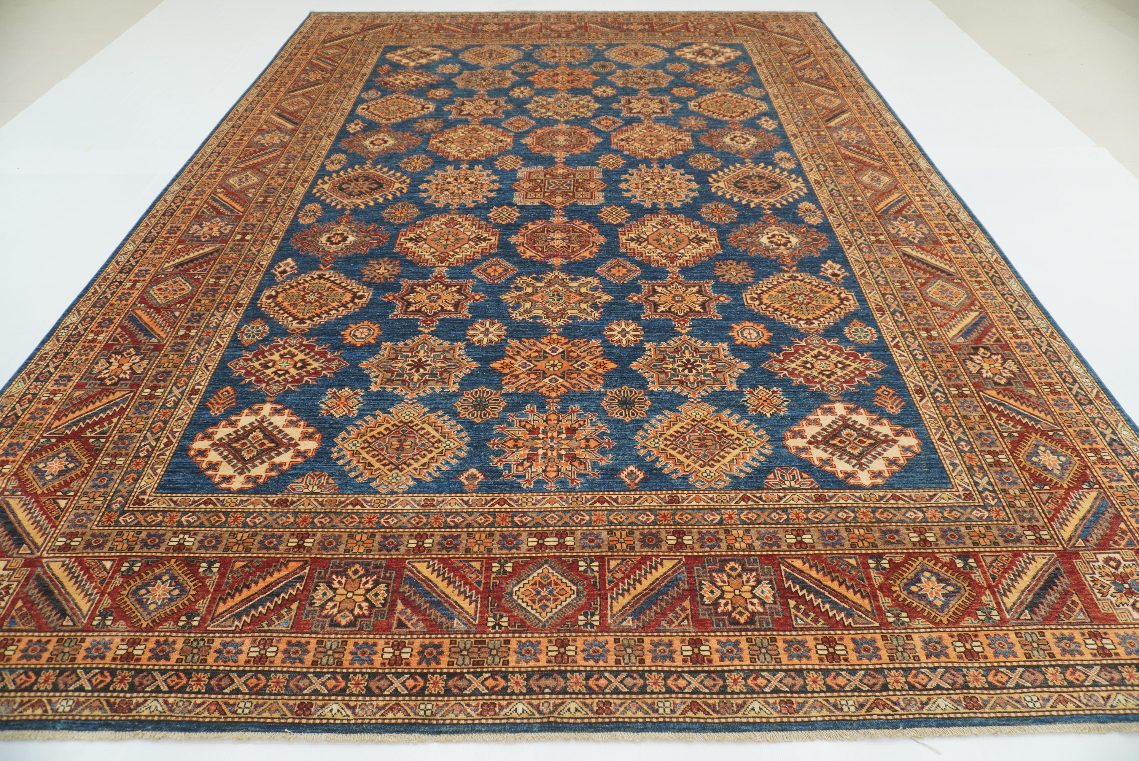 10x14 Blue Kazak Afghan Hand-Knotted Wool Oriental Rug - Yildiz Rugs