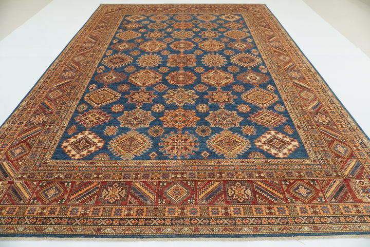 10x14 Blue Kazak Afghan Hand-Knotted Wool Oriental Rug - Yildiz Rugs