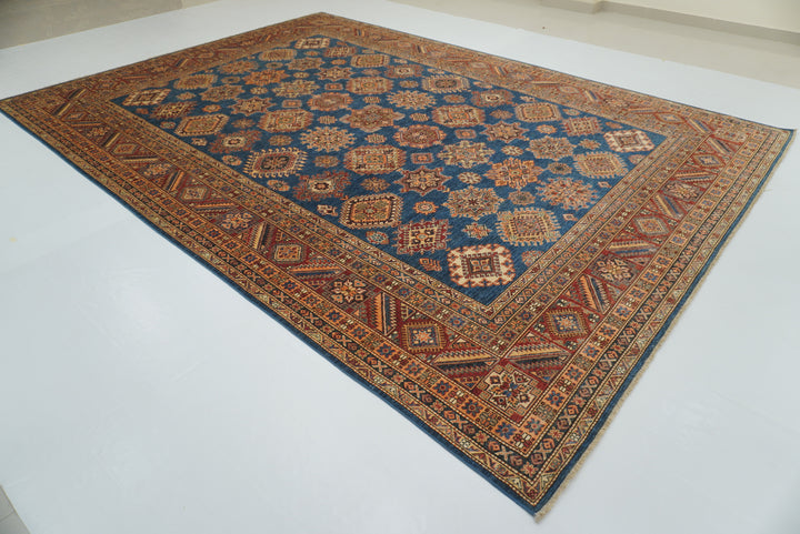 10x14 Blue Kazak Afghan Hand-Knotted Wool Oriental Rug - Yildiz Rugs