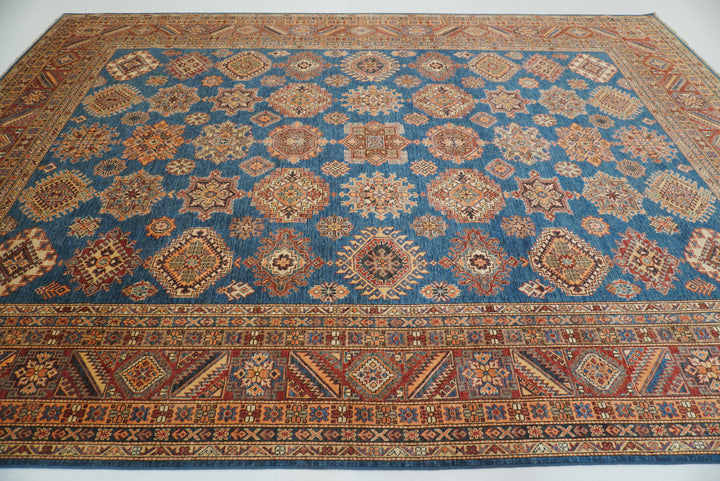 10x14 Blue Kazak Afghan Hand-Knotted Wool Oriental Rug - Yildiz Rugs
