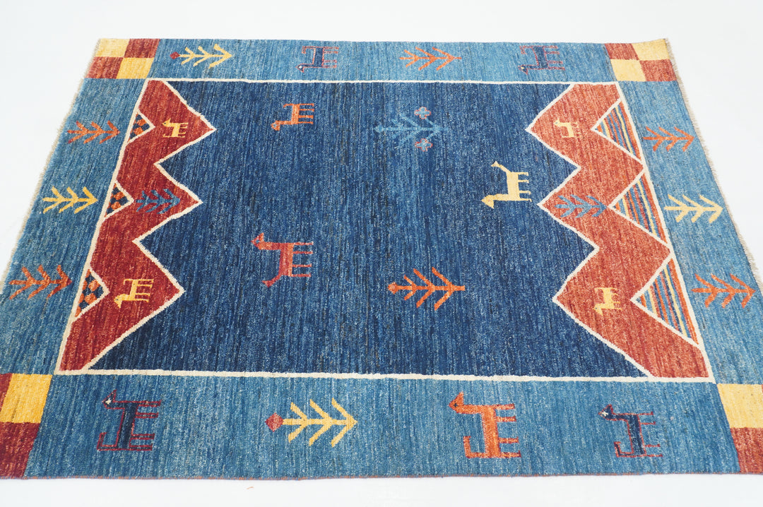 5x7 Navy Blue Tribal Gabbeh Afghan Hand knotted Rug - Yildiz Rugs