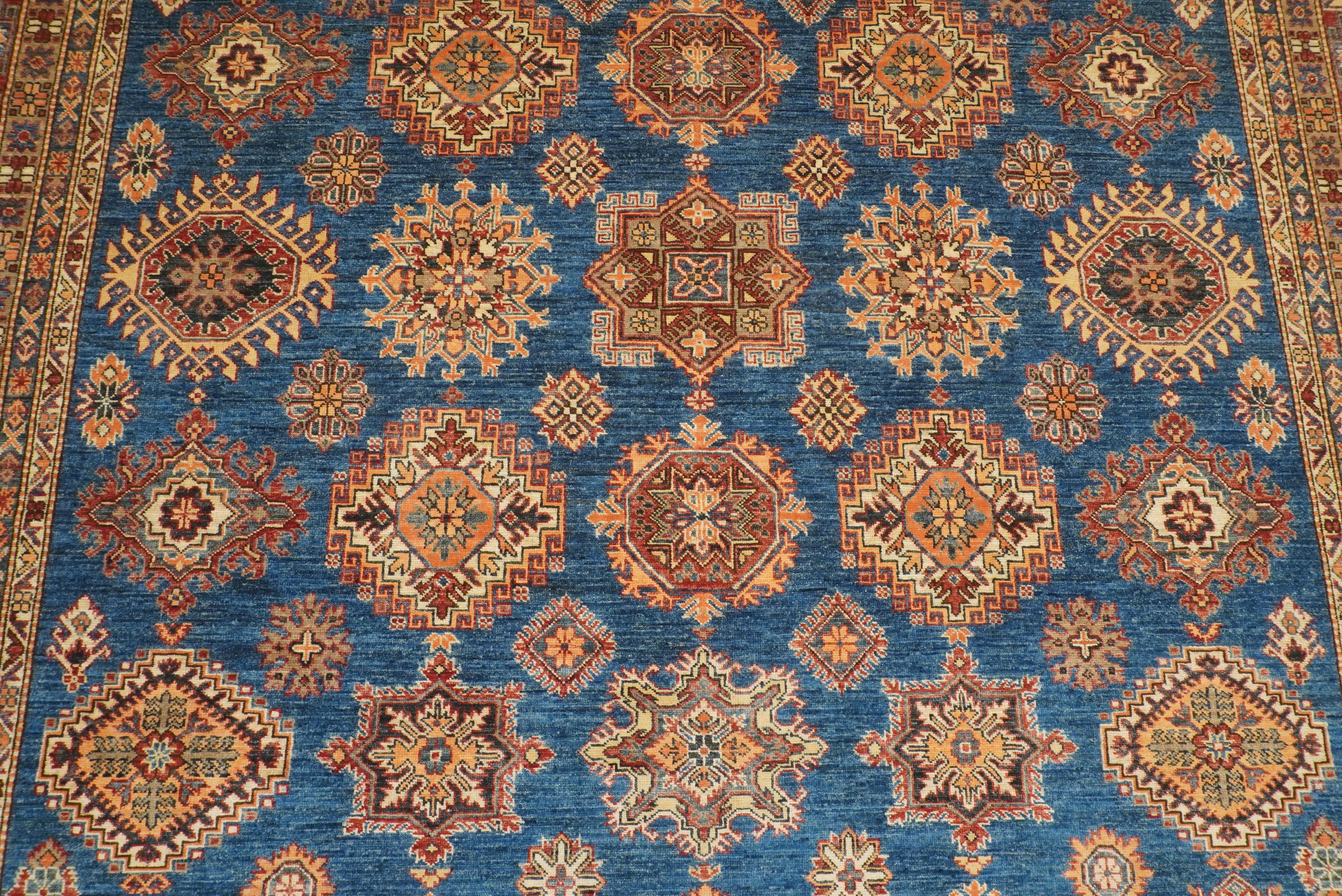 10x14 Blue Kazak Afghan Hand-Knotted Wool Oriental Rug - Yildiz Rugs