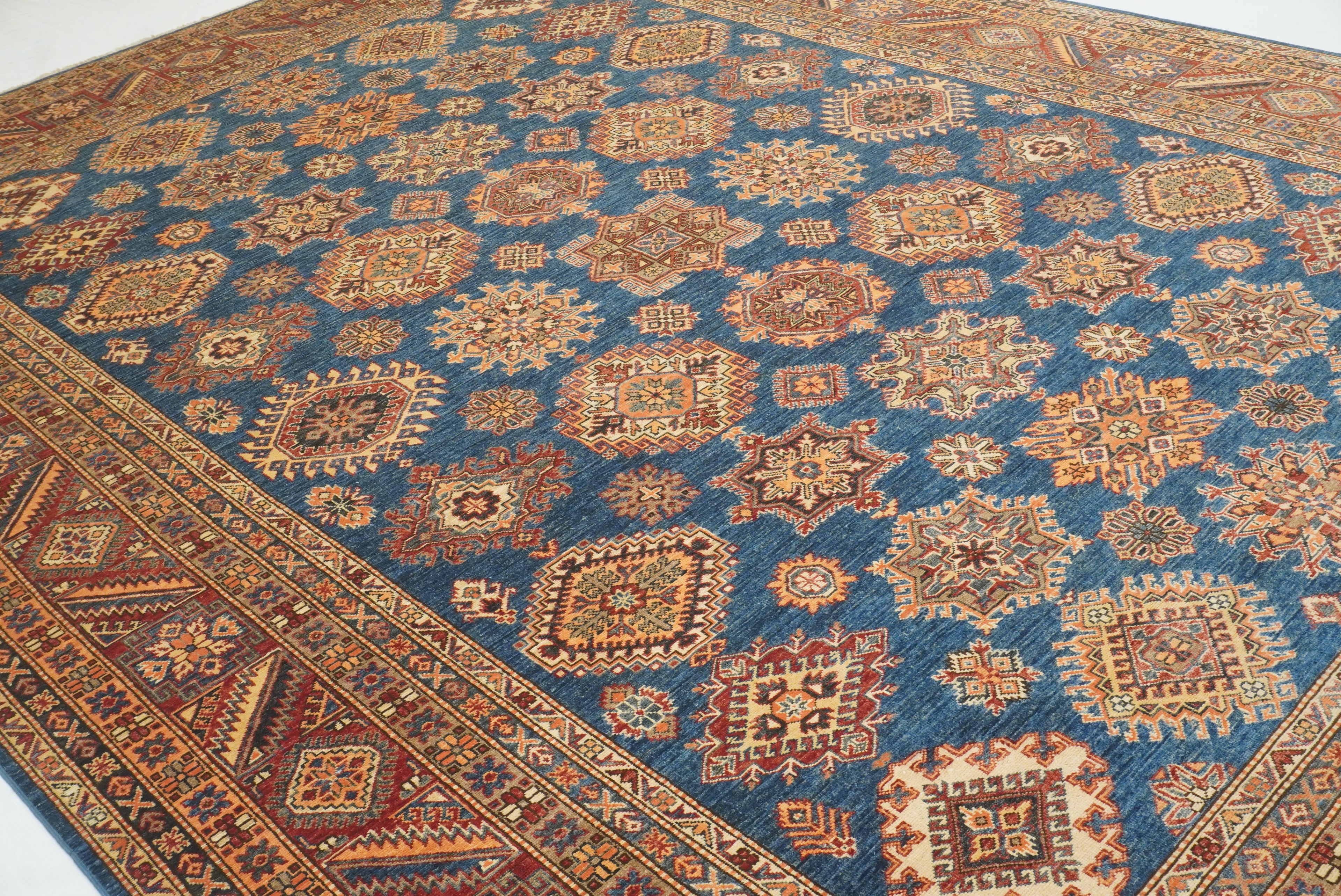 10x14 Blue Kazak Afghan Hand-Knotted Wool Oriental Rug - Yildiz Rugs