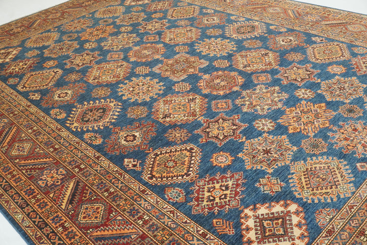 10x14 Blue Kazak Afghan Hand-Knotted Wool Oriental Rug - Yildiz Rugs