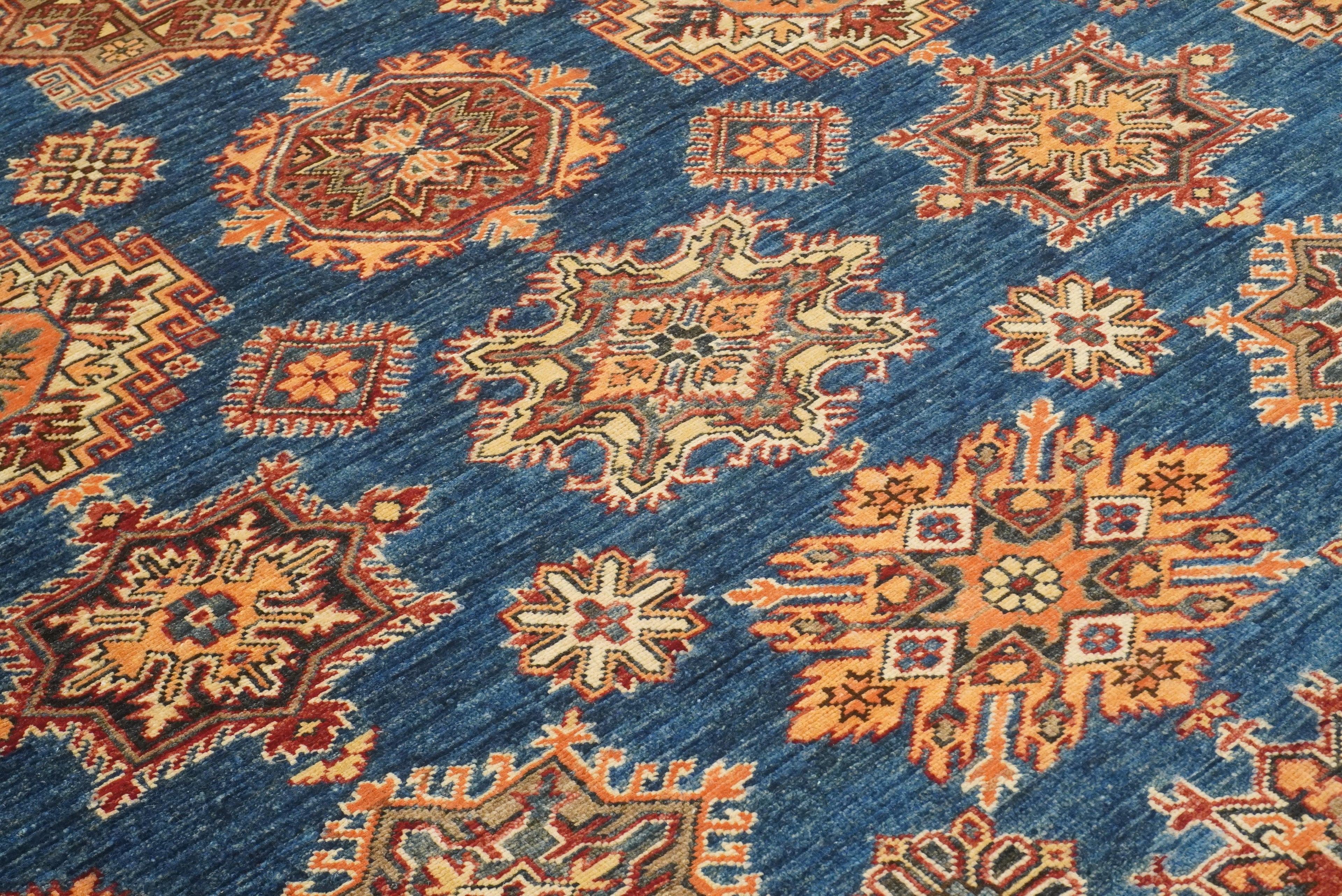 10x14 Blue Kazak Afghan Hand-Knotted Wool Oriental Rug - Yildiz Rugs