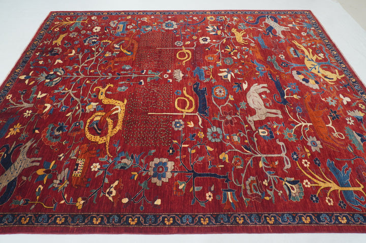 8x10 Red Gabbeh Tribal Afghan Hand Knotted Animals Dragon Rug