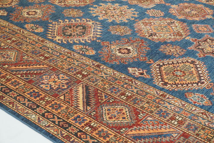 10x14 Blue Kazak Afghan Hand-Knotted Wool Oriental Rug - Yildiz Rugs