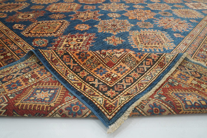 10x14 Blue Kazak Afghan Hand-Knotted Wool Oriental Rug - Yildiz Rugs