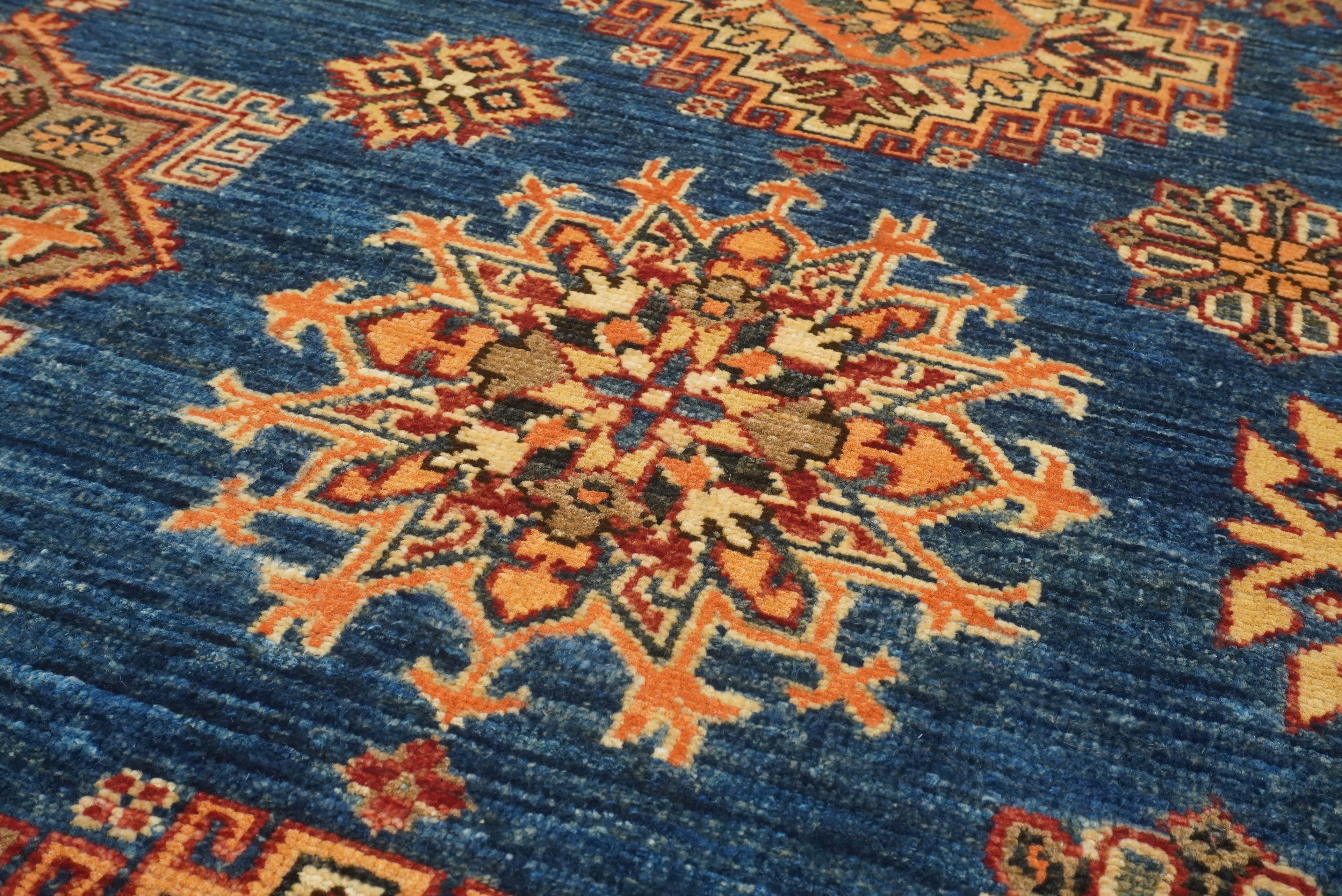 10x14 Blue Kazak Afghan Hand-Knotted Wool Oriental Rug - Yildiz Rugs