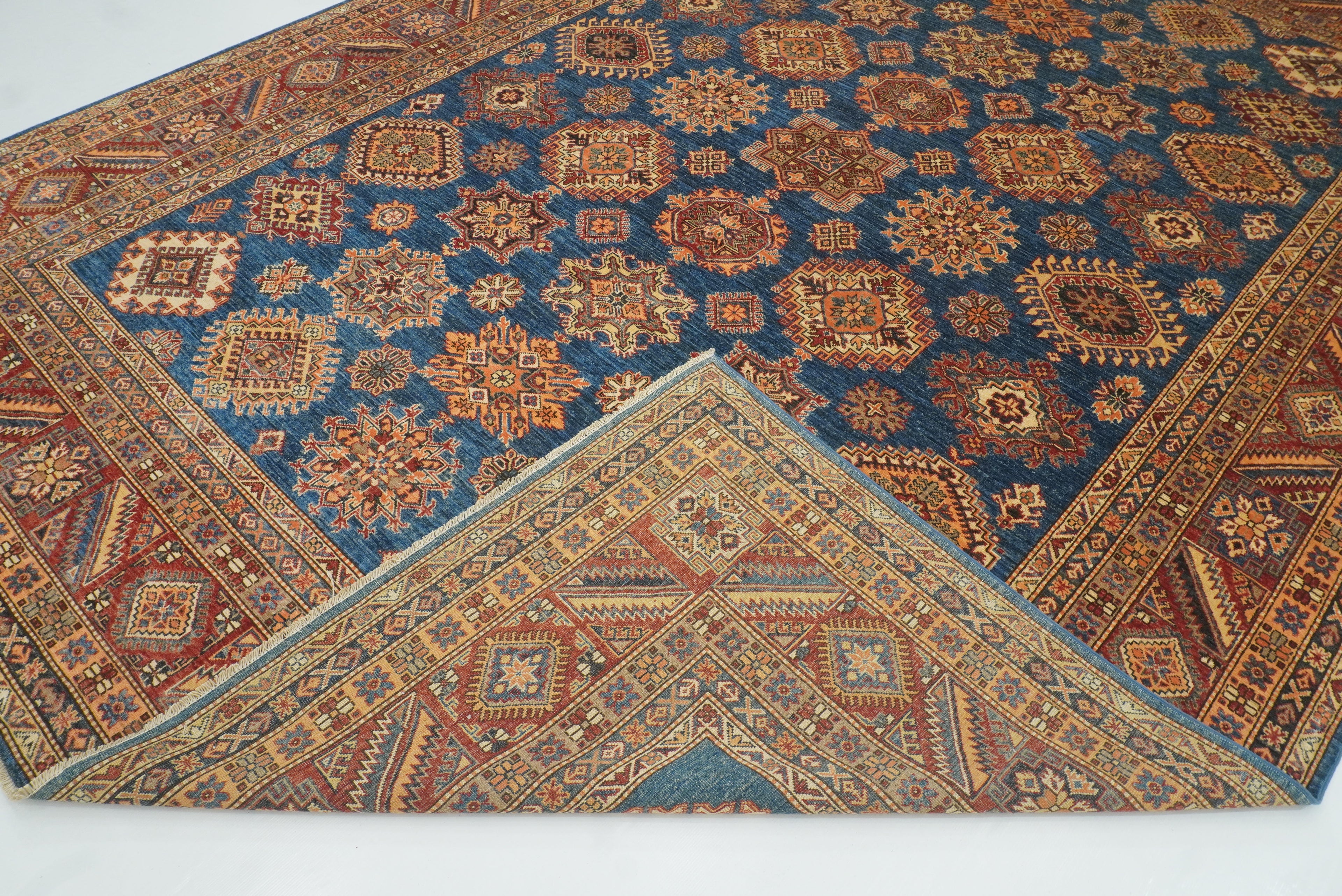 10x14 Blue Kazak Afghan Hand-Knotted Wool Oriental Rug - Yildiz Rugs