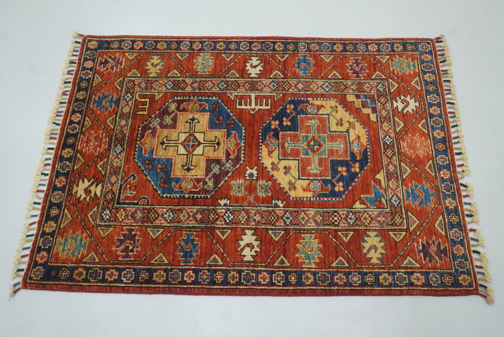 3x4 Red Ersari Hand Knotted Afghan Wool Oriental Rug - Yildiz Rugs