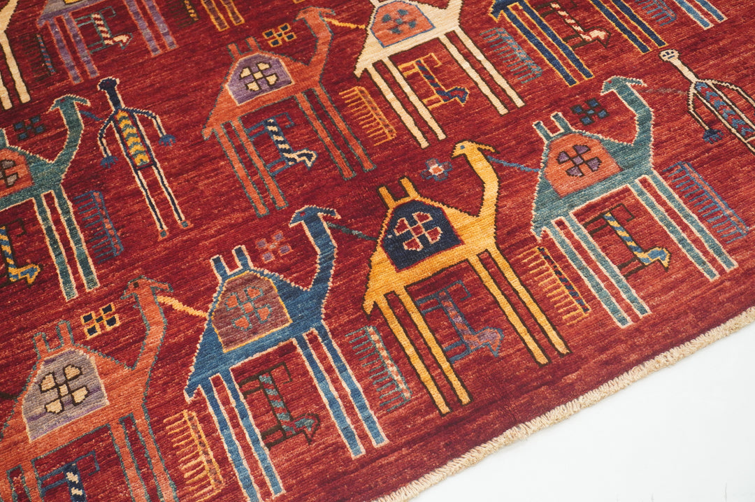 6x9 Red Gabbeh Camel Train Afghan Hand knotted Rug - Yildiz Rugs