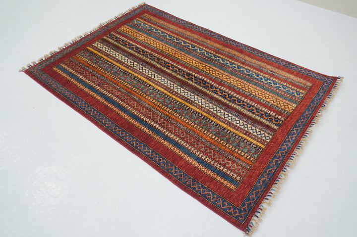 4x6 Red Turkish Shawl Pattern Handmade Striped Rug - Yildiz Rugs