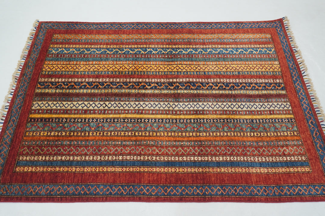 4x6 Red Turkish Shawl Pattern Handmade Striped Rug - Yildiz Rugs