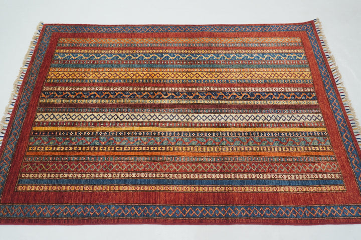 4x6 Red Turkish Shawl Pattern Handmade Striped Rug - Yildiz Rugs