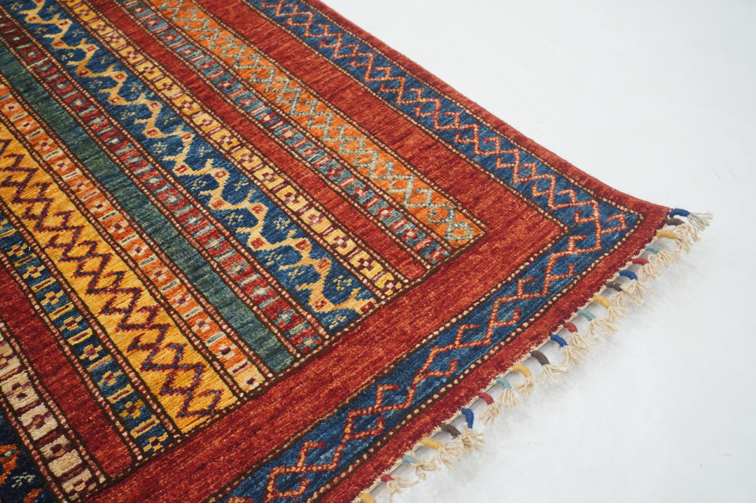 4x6 Red Turkish Shawl Pattern Handmade Striped Rug - Yildiz Rugs