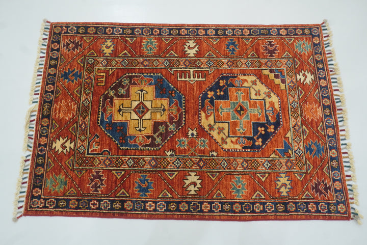 3x4 Red Ersari Hand Knotted Afghan Wool Oriental Rug - Yildiz Rugs