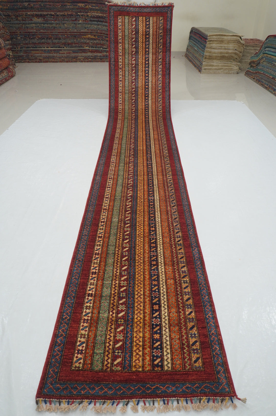 16 ft Red Turkish Shawl Striped Pattern Hand knotted Long Runner Rug - Yildiz Rugs