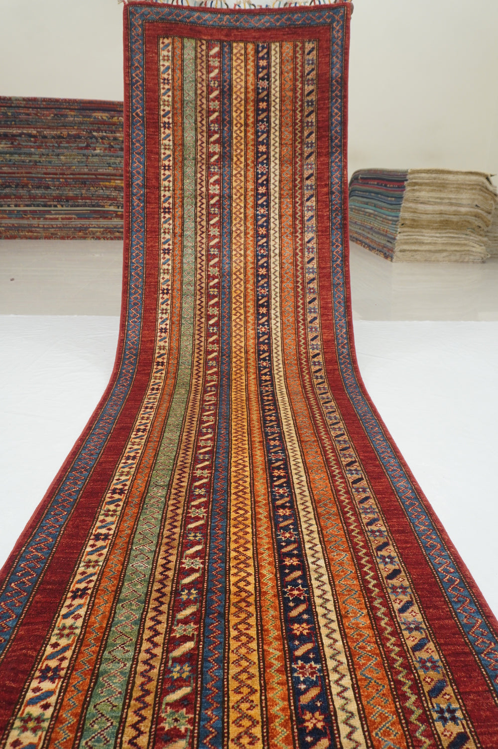 16 ft Red Turkish Shawl Striped Pattern Hand knotted Long Runner Rug - Yildiz Rugs