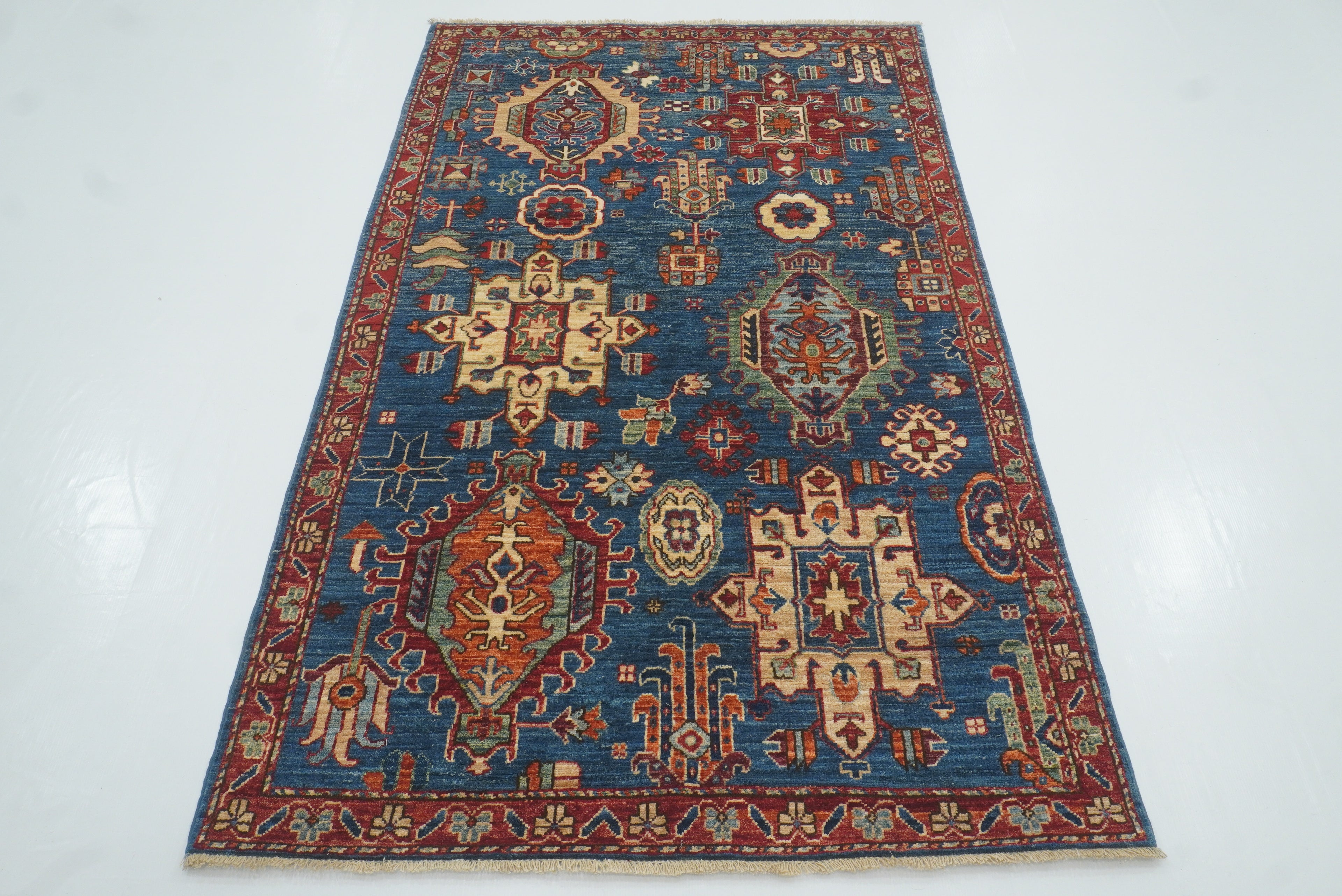 4x6 Blue Karaja Afghan Hand-Knotted Wool Oriental Rug - Yildiz Rugs