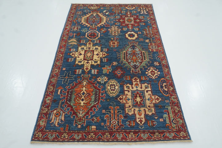 4x6 Blue Karaja Afghan Hand-Knotted Wool Oriental Rug - Yildiz Rugs