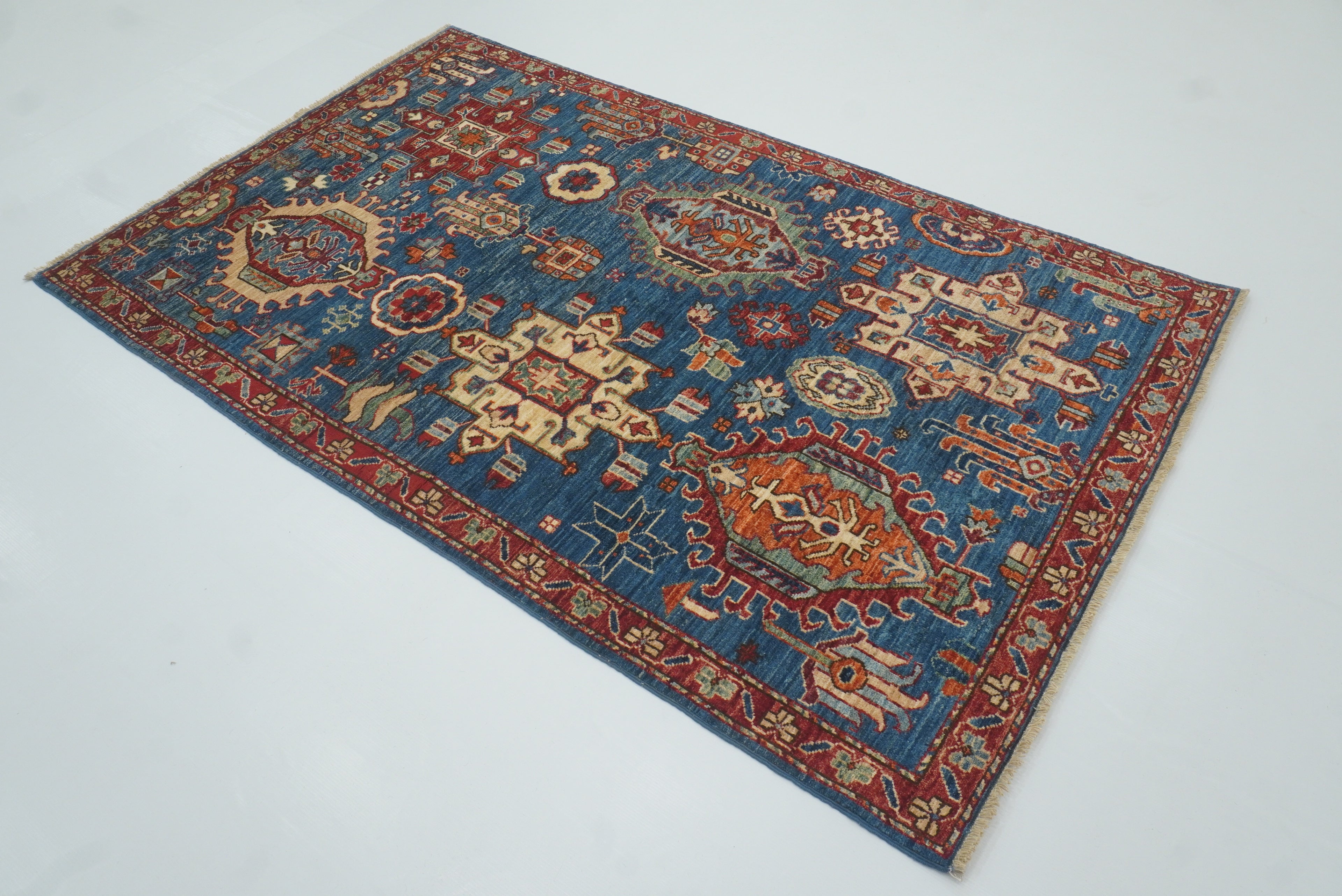 4x6 Blue Karaja Afghan Hand-Knotted Wool Oriental Rug - Yildiz Rugs