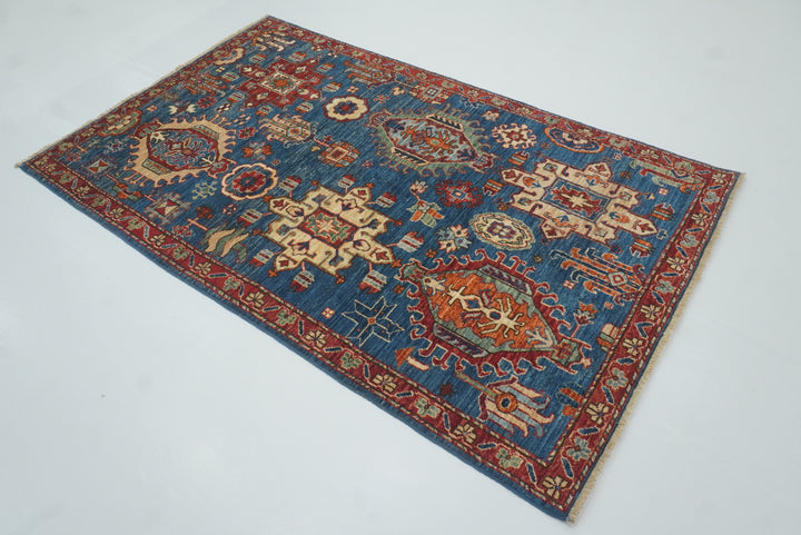 4x6 Blue Karaja Afghan Hand-Knotted Wool Oriental Rug - Yildiz Rugs