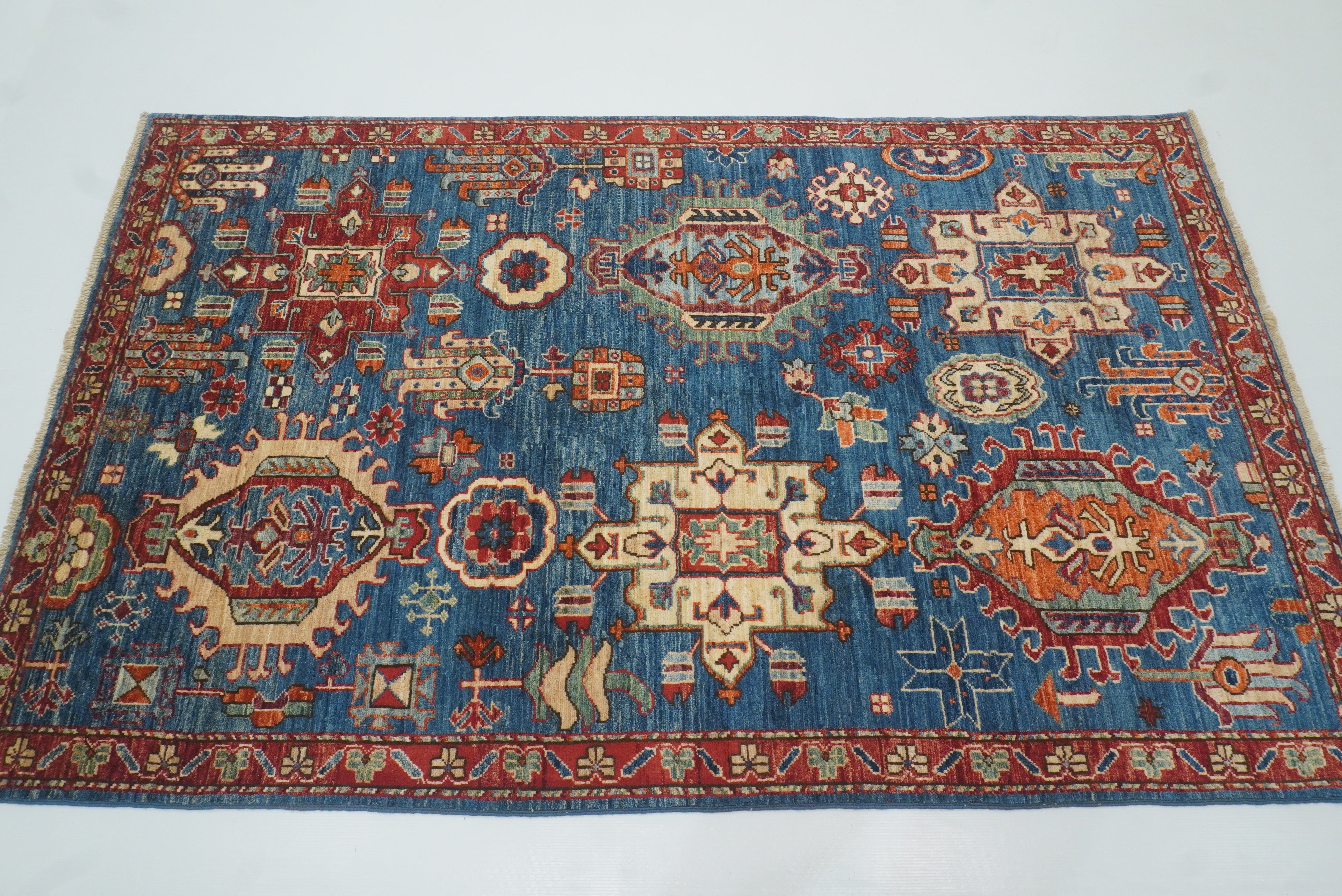 4x6 Blue Karaja Afghan Hand-Knotted Wool Oriental Rug - Yildiz Rugs