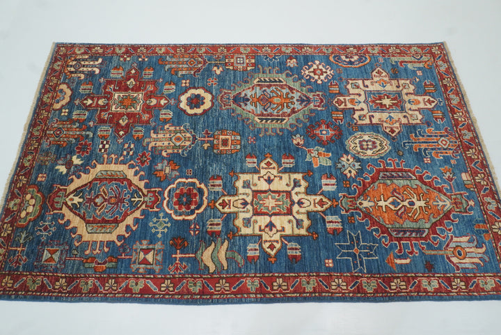 4x6 Blue Karaja Afghan Hand-Knotted Wool Oriental Rug - Yildiz Rugs