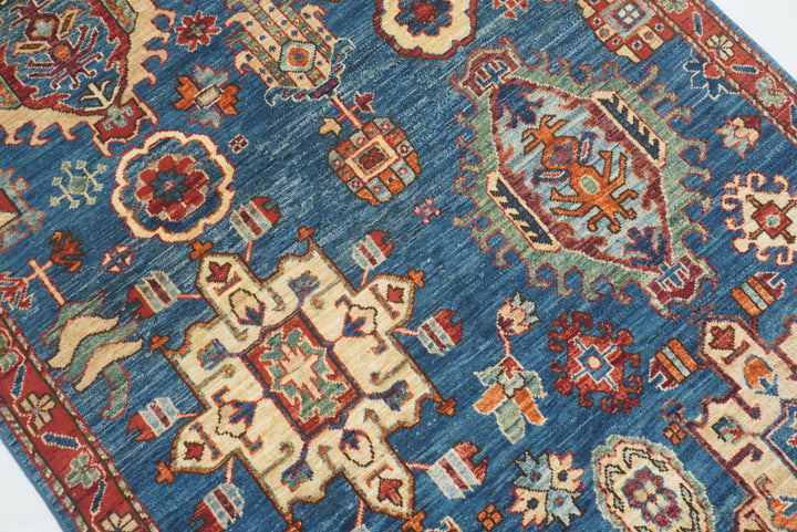 4x6 Blue Karaja Afghan Hand-Knotted Wool Oriental Rug - Yildiz Rugs