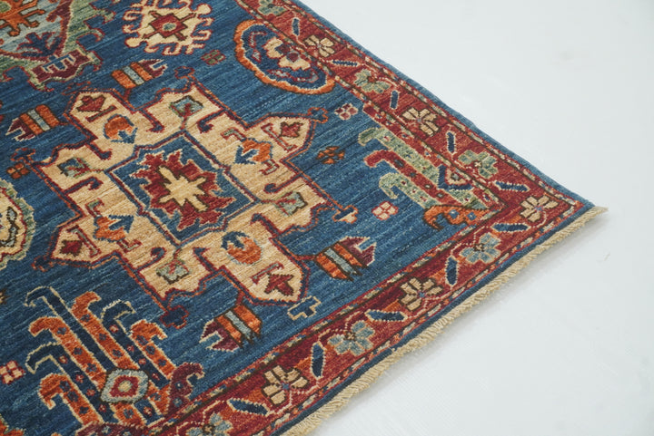 4x6 Blue Karaja Afghan Hand-Knotted Wool Oriental Rug - Yildiz Rugs